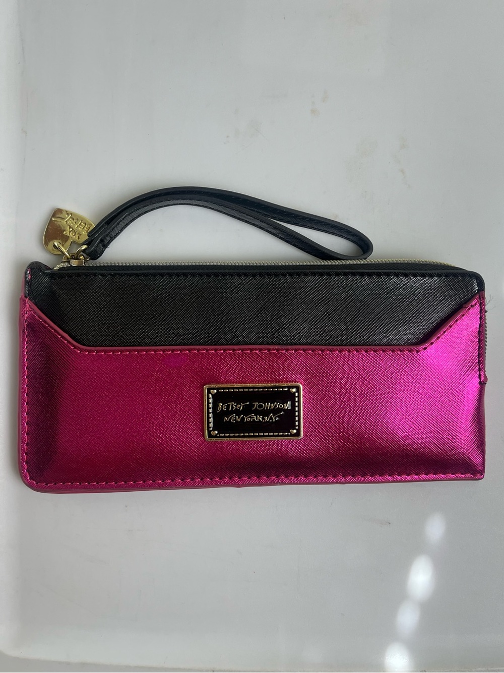 Betsey Johnson Metallic Fuchsia and Black Wristlet